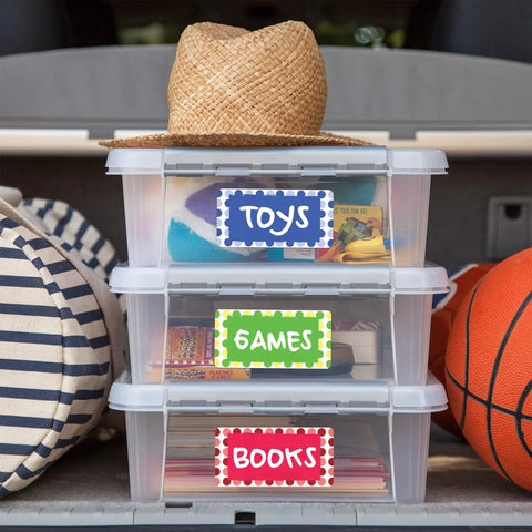 Top Shelf 2 x 4 Shipping Labels 1000 Count White Mailing Stickers on storage bins for organizing toys, games, and books.