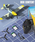 Box content for RC Plane BF109 Fighter 4 Channel RC Aircraft With Aileron And Gyro Stabilizer shown with accessories on grid.