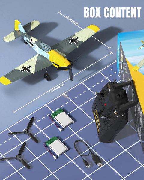 Box content for RC Plane BF109 Fighter 4 Channel RC Aircraft With Aileron And Gyro Stabilizer shown with accessories on grid.