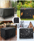 Heavy Duty Patio Furniture Cover 24x17x16 Inches Waterproof 420D Oxford Tear-Resistant with Windproof Buckles on outdoor sofa in various weather including rain and snow with storage bag displayed.