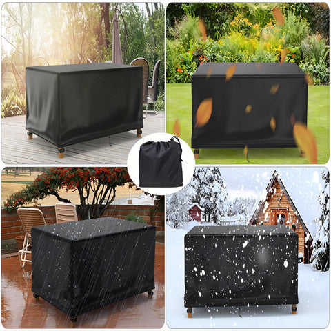 Heavy Duty Patio Furniture Cover 24x17x16 Inches Waterproof 420D Oxford Tear-Resistant with Windproof Buckles on outdoor sofa in various weather including rain and snow with storage bag displayed.