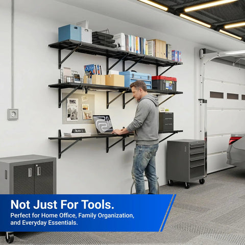 Two Pack 1x6ft Perforated Garage Shelving System With Beefy Duty Wall Shelves 1400 Lbs Total Load 700 Lbs Per Tier Two 1x3 Ft Shelves Per Tier Easy Mount Great For Quick No Nonsense Garage Organization in garage with man using laptop