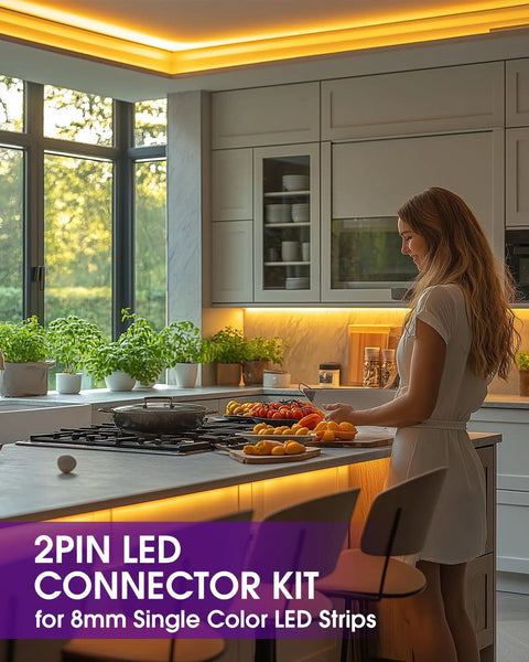 Woman installs No-Solder No-Fuss Gapless LED Connector Kit for 8mm 2835 and 3528 LED strips in modern kitchen lighting.