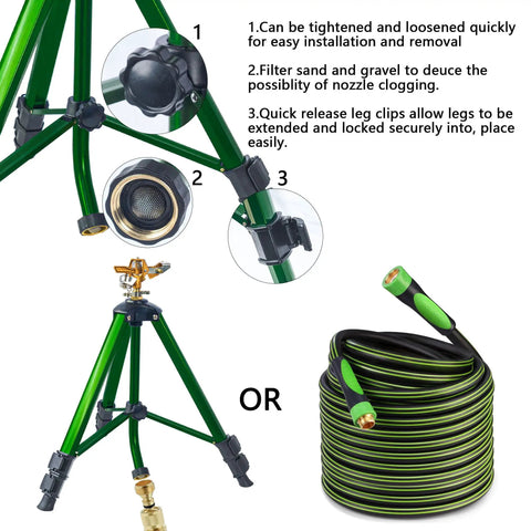 Heavy-Duty Impact Sprinkler On Tripod Base With Zinc Rotary Head For Lawn Yard And Garden, quick release leg clips shown