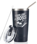 Cornhole Travel Tumbler 20 Oz Stainless Steel Cup For Men Birthday Gift with straw, leak proof lid, and cleaning brush.
