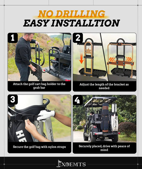 Install guide for No Drill Golf Cart Rear Seat Bag Holder Foldable And Adjustable Space Saver Fits Grab Bars 7.28 to 25.6 Inches