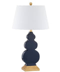Totally Chic Navy Blue And Gold Ceramic Table Lamp With White Linen Shade, Sleek Mid Century Triple Gourd Design For Bedroom Or Office, 29 Inch Tall Bedside Lamp With LED Bulb Included
