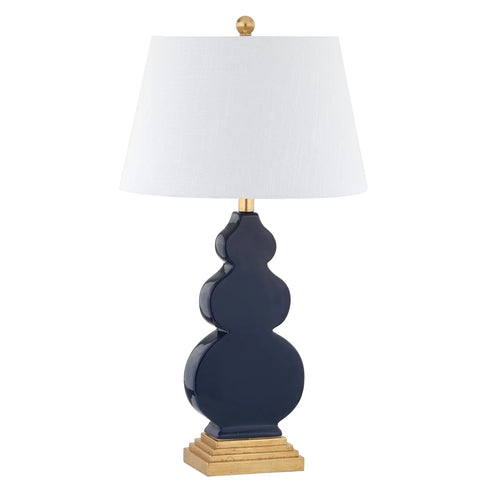 Totally Chic Navy Blue And Gold Ceramic Table Lamp With White Linen Shade, Sleek Mid Century Triple Gourd Design For Bedroom Or Office, 29 Inch Tall Bedside Lamp With LED Bulb Included