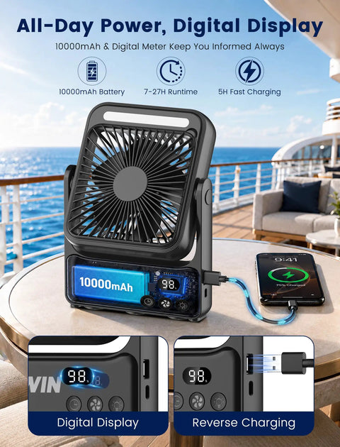 Cruise Certified Portable Fan With Night Light 10000mAh Ultra Slim Travel Fan digital display and reverse charging shown