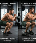 2 Pack Premium Heel Elevated Squat Wedges With Non Slip Grip For Hella Deep Squats, demonstrating correct versus incorrect squat form.
