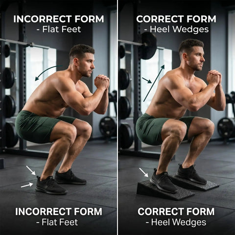 2 Pack Premium Heel Elevated Squat Wedges With Non Slip Grip For Hella Deep Squats, demonstrating correct versus incorrect squat form.