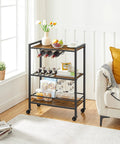 Slick 3 Tier Rolling Bar Cart With Ultra Smooth Swivel Wheels Rustic Brown Finish showing bottles, snacks, and glassware in living room.