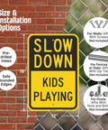 Heavy Duty Slow Down Kids Playing Neighborhood Warning Sign Crafted From Tough 63 Mil Aluminum with size options displayed.