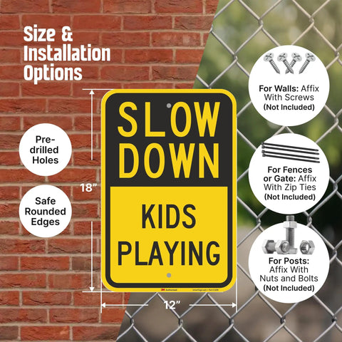 Heavy Duty Slow Down Kids Playing Neighborhood Warning Sign Crafted From Tough 63 Mil Aluminum with size options displayed.