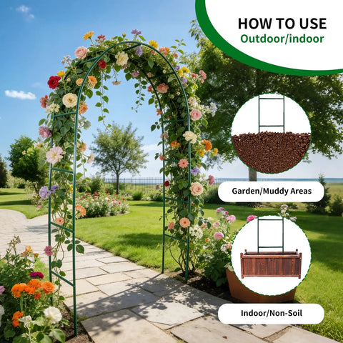 Sturdy Metal Garden Arch Trellis For Climbing Plants Dual Shape Design in garden setting, floral decor attached