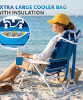 Woman sitting on Two Pack Beach Folding Chair With Mesh Fabric Five Position Reclining For A Chill Outdoor Hangout Durable UV Resistant Textilene Backpack Straps Cooler Bag And Cup Holder For Outdoor Lawn Camping.