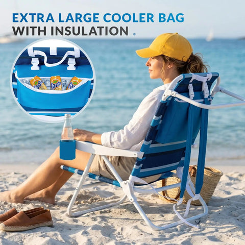 Woman sitting on Two Pack Beach Folding Chair With Mesh Fabric Five Position Reclining For A Chill Outdoor Hangout Durable UV Resistant Textilene Backpack Straps Cooler Bag And Cup Holder For Outdoor Lawn Camping.