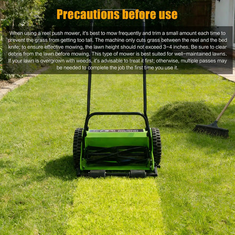 14 Inch 4 Blade Push Reel Lawn Mower Walk Behind Manual Operation With 5 Height Settings For Grass From 1 To 3 Inches Ideal For Garden Yard And Field No Fuss Yard Work. Green push reel mower on lawn