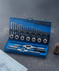 Pro Metric Thread Cutting Taps And Die Set With Wrenches For Garage Repair And Workshop Jobs Heavy Duty Alloy Steel Tools To Make Clean Accurate Threading On Fasteners For Diy Auto Maintenance Tasks, blue case with M3-M12 taps