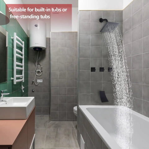 Three Handle Matte Black Tub And Shower Faucet Set With Waterfall Spout Four Point Eight Inch Tub Spout Trim Kit in sleek bathroom