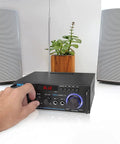 Hand adjusting Compact 200W Bluetooth Power Amplifier For A 2 Channel Home Stereo Setup With Karaoke Ready Dual Mic Input RCA USB A And SD Card MP3 Player FM Radio AUX In And Remote Control