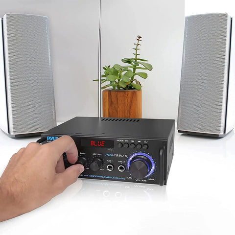 Hand adjusting Compact 200W Bluetooth Power Amplifier For A 2 Channel Home Stereo Setup With Karaoke Ready Dual Mic Input RCA USB A And SD Card MP3 Player FM Radio AUX In And Remote Control