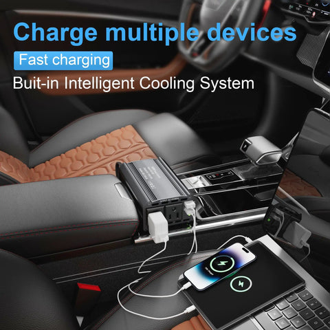 Keep Your Gear Juiced While You Cruise Down The Pavement With This Badass 300W Power Inverter Car Adapter charging multiple devices in a car.