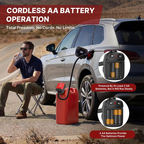 Cordless Fuel Transfer Pump With Auto Stop, 3.2 GPM, Portable Battery Powered Unit next to a car on a desert road
