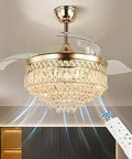 Gold 42 Inch Crystal Chandelier Ceiling Fan With Remote Control And Dimmable LED Lights Six Speed Invisible Retractable Blades