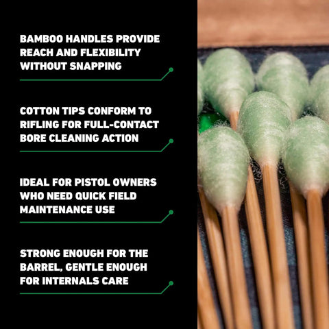 One Step Bore Stix Pre Saturated Gun Cleaning Swabs For Pistols Caliber Specific with bamboo handles and cotton tips.