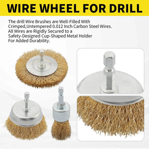 5 Piece Drill Wire Brush Set With One Quarter Inch Hex Shank Rust Removal Wheels Cups And End Brush for metal surface prep