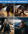 People using Bluetooth Beanie With Light Built-In 4 LED Headlamp Hat USB Rechargeable for Unisex Winter Wear in various outdoor activities.