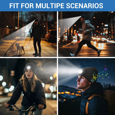 People using Bluetooth Beanie With Light Built-In 4 LED Headlamp Hat USB Rechargeable for Unisex Winter Wear in various outdoor activities.