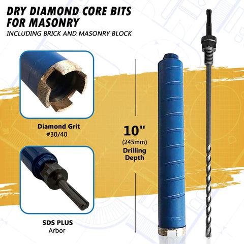 Two And A Half Inch Diamond Heavy Duty Dry Core Bit For Brick And Block With SDS Plus Pilot Bit Adapter, Nine Point Five Inch Drilling Depth, Rotary Mode Only, Wet Or Dry Use