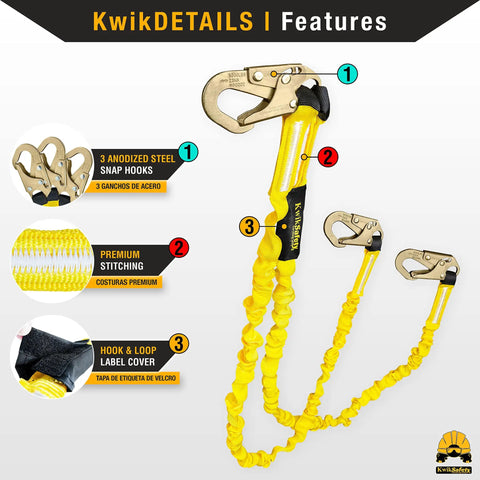 Double Leg Rattler Safety Lanyard 6 Ft Tubular Y-Leg with Internal Shock Absorber, 2 Pack, featuring details and hooks