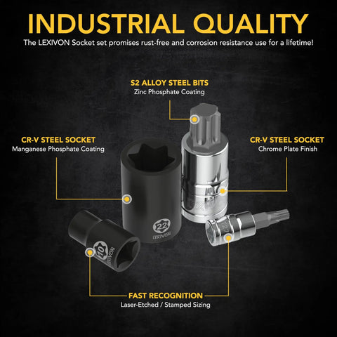 Heavy Duty 25 Piece Torx Bit And E Socket Set Made From Tough S2 Alloy And Chrome Vanadium Steel Drop Forged Mechanic Tools with detailed labels.