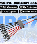 Solar Y Branch Connectors Set For 2 To 8 Panels with cables and IP67 waterproof rating against blue background