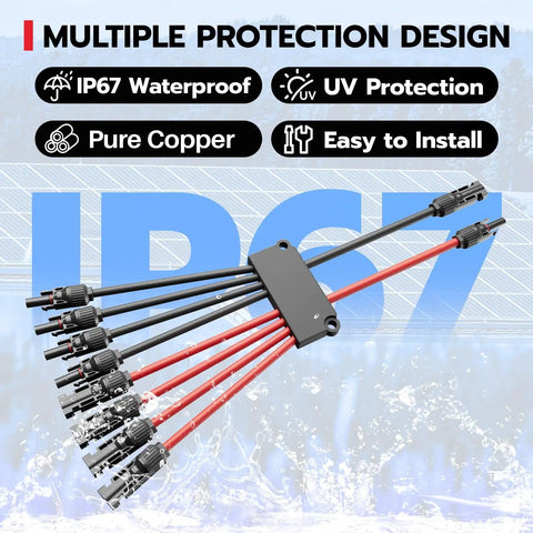 Solar Y Branch Connectors Set For 2 To 8 Panels with cables and IP67 waterproof rating against blue background