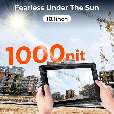 Built Like A Tank Rugged Tablet Running Windows 11 Pro With 10.1 Inch 1000 Nit Sunlit Screen WiFi 6 in outdoor construction setting.