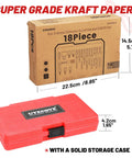 Red storage case and packaging for 18-piece Left Hand Drill Bit and Screw Extractor Set shown with dimensions.