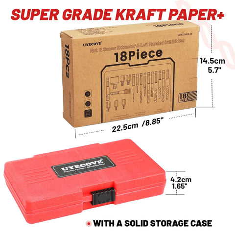 Red storage case and packaging for 18-piece Left Hand Drill Bit and Screw Extractor Set shown with dimensions.
