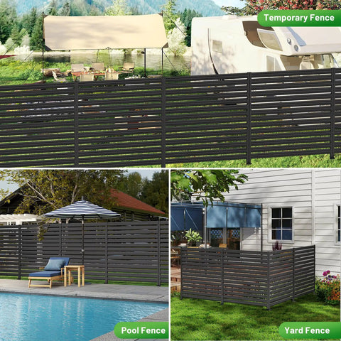 No-Dig Metal Privacy Fence Screen For Outdoor AC Unit Cover and Trash Bin Enclosure, installed in various outdoor settings.