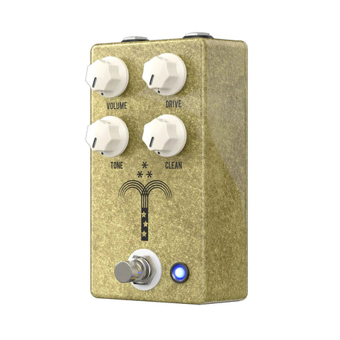 Morning Glory Clean Overdrive Pedal with Transparent Tone, four knobs, gold finish, footswitch, and blue LED light