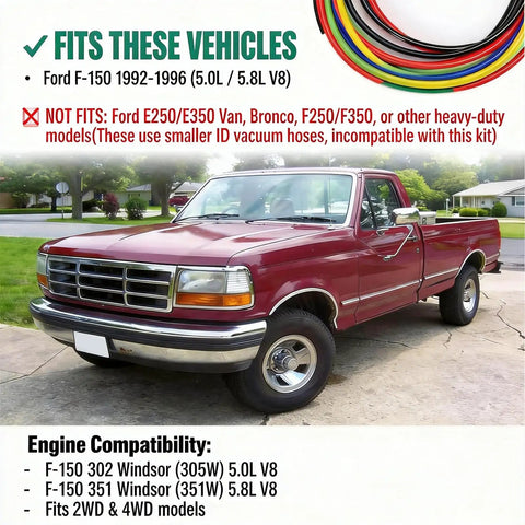 Premium Heavy Duty Vacuum Line Kit For Ford F-150 Trucks From 92 To 96 With 305 Windsor And 351W Engines Perfect Fix For Cracked Hoses To Get Your Ride Running Smooth Again Without The Hassle. Ford F-150 1992-1996 vacuum hose kit with multicolor hoses shown