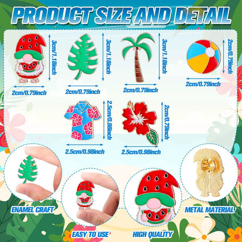 Fresh Tropical Floral Enamel Pins Bulk Set Of Twelve Summer Cartoon Brooch Women Hawaii Lapel Badge size details with colorful designs.