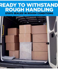 Packed van with boxes secured using Scotch Heavy Duty Shipping Packing Tape With Dispenser, Clear 1.88 In X 27.7 Yd, 1 Roll.
