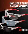 Protective Eyewear For Pickleball Players With Lightweight Game Ready Impact Resistant Frame Anti Fog And Anti Scratch Lenses 99 Percent UV Shield Includes Clear Smoke And Blue Tint Lenses Soft Non Slip Nose Pads For Secure Fit, featuring three lens color options with red accents.