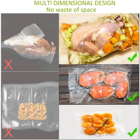 Heavy Duty Vacuum Sealer Bags Set Precut 150 Count in Gallon 11x16, Quart 8x12, Pint 6x10 sealing varied food items shown