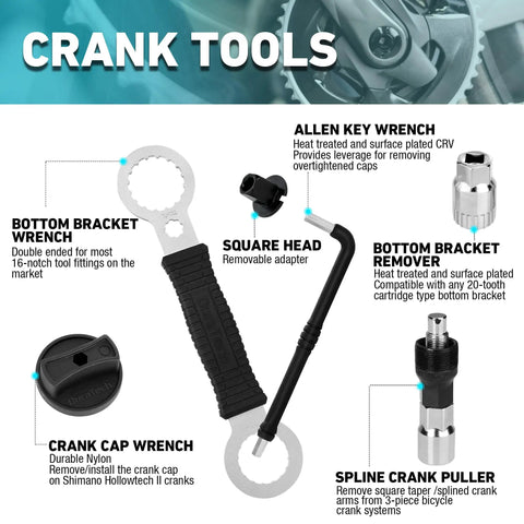 All In One Bike Repair Kit With Storage Box 41 Piece Tools Set crank tools including wrenches and pullers displayed.