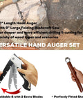 Heavy Duty Hand Auger Wood Drill for Bushcraft and Camping with Beefed Up Welds Hex Head, Sharp Scottish Eye, and accessories
